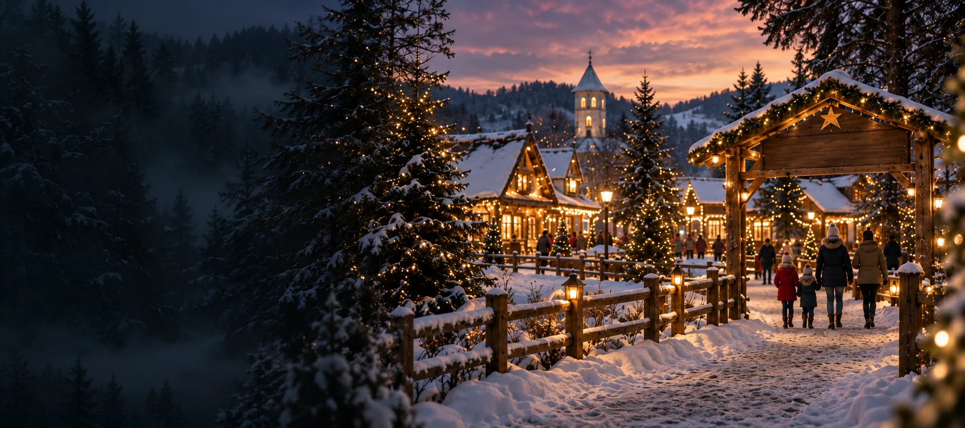 Univers de iarnă Story Village, cu căsuțe și lumini calde